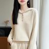 2026 A/W Women's Pure Wool Hooded Knitwear - Long Sleeve, Buckle Closure, Solid Color, Loose Fit Sweater
