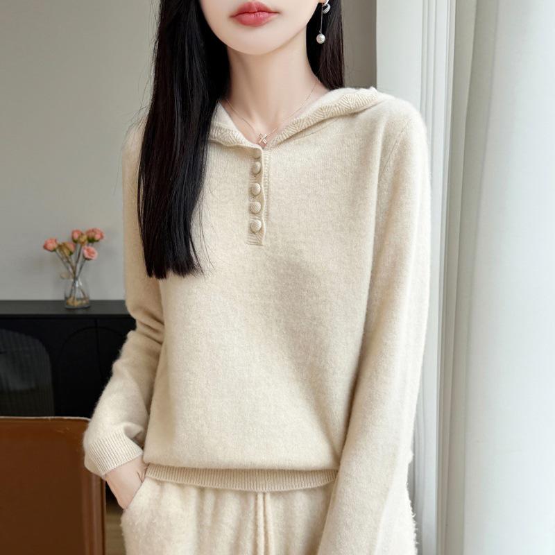 2026 A/W Women's Pure Wool Hooded Knitwear - Long Sleeve, Buckle Closure, Solid Color, Loose Fit Sweater