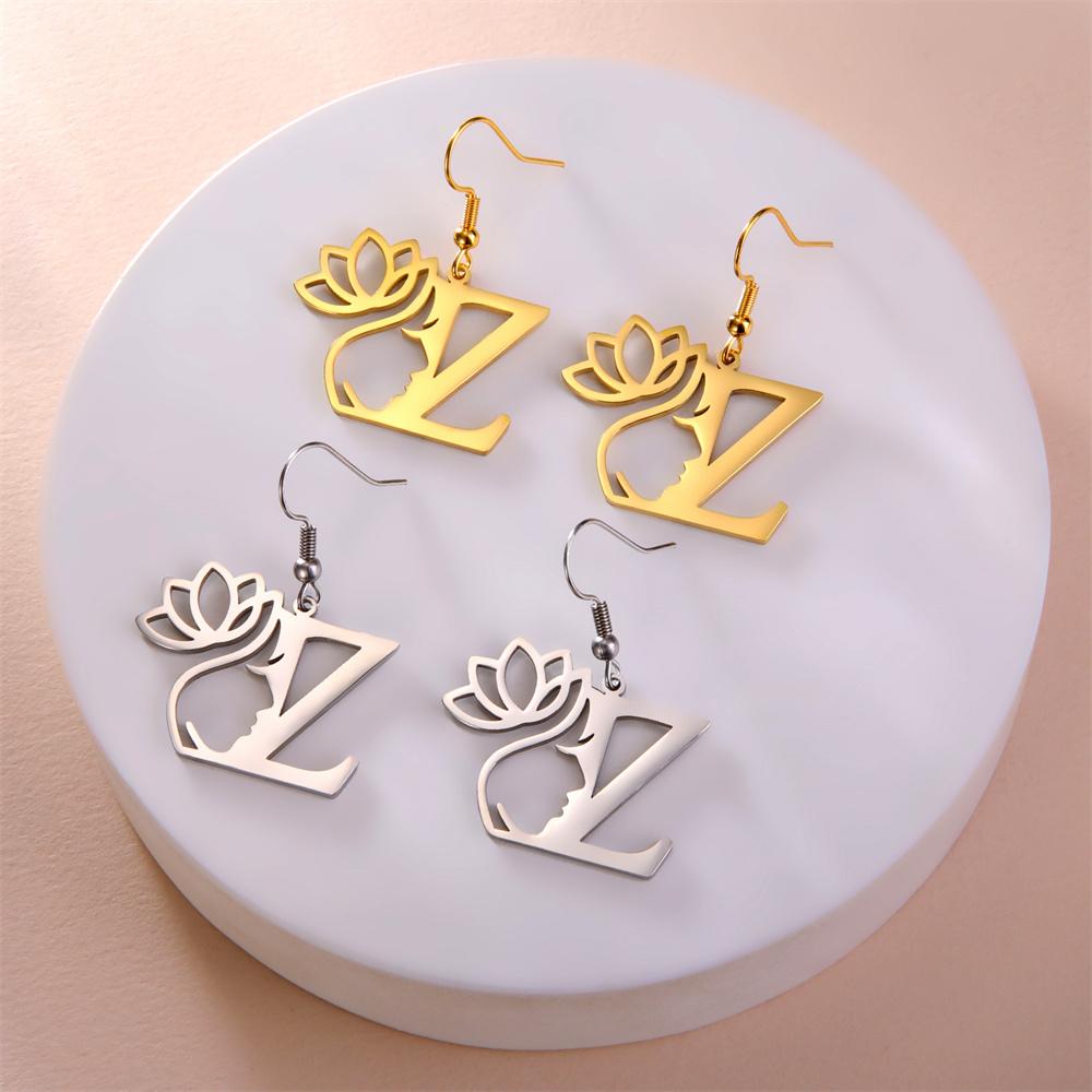 My Shape Beauty Flower Letter Drop Earrings for Women A-Z Alphabet Initials Lotus Stainless Steel Fashion Jewelry Kids Female