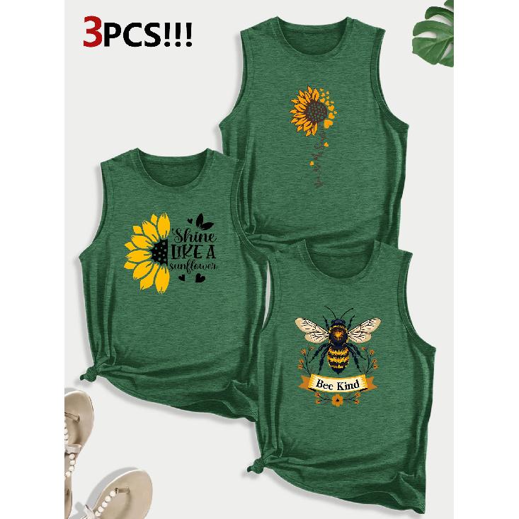 Sunflower and Bee Combination Gift Print Pattern Round Neck3Pack of sleeveless vests for women in spring, summer, and autumn S
