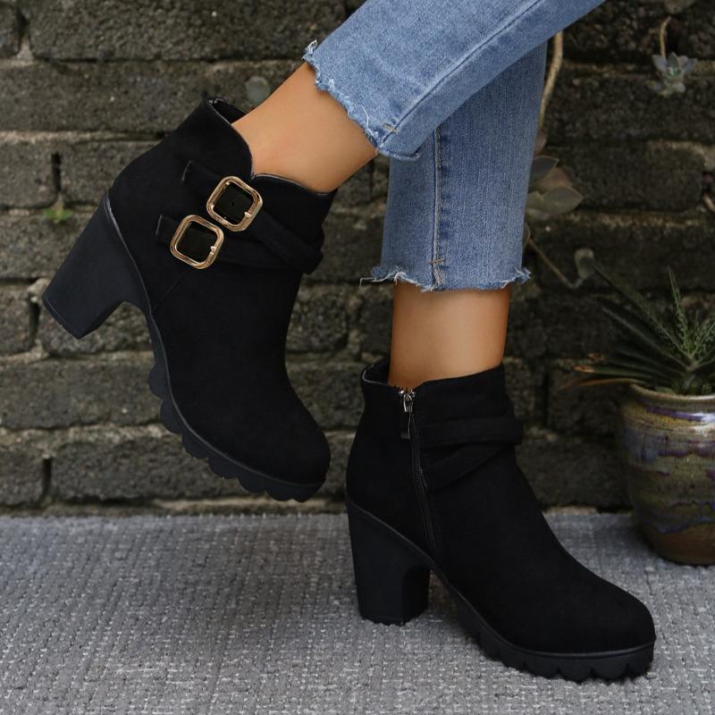 Fashion Autumn/Winter Block Heel Boots Women's New Round Toe Bull Suede Metal Buckle Platform Side Zip Non-Slip High Heels
