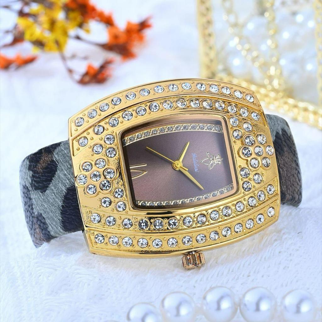 Moderne tonnenförmige Damenuhr Gold Iced Out Zifferblatt mit Leopardenarmband Luxus Quarz-Armbanduhr für Damen