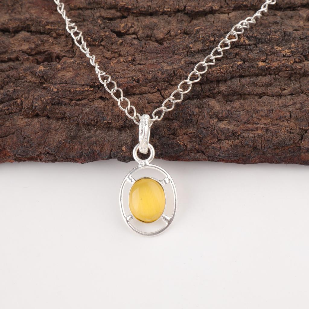 Yellow Cat'S Eye Stone 925 Silver Sisters Day Engagement Wedding Pendant Jewelry PP-6-47