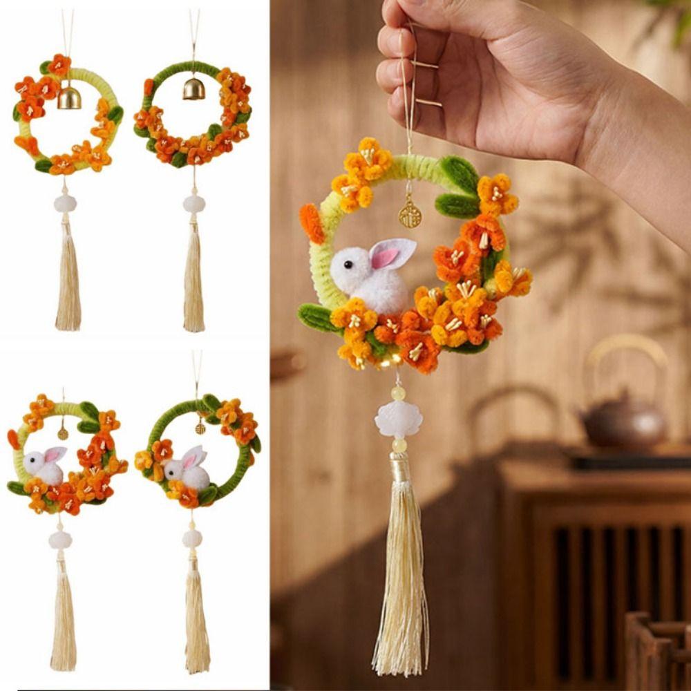 Yutu Shape Mid-Autumn Festival Pendant Round Wreath Rabbit Wall Hanging Wreath Kids Arts