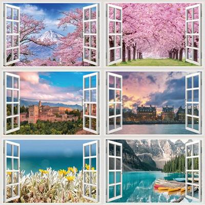 3D Természetes Táj Hamis ablakmatricák Sakura Tree Beach Épület Fali Művészet Falfestmény Matricák Otthoni iroda dekoráció Vinyl tapéta