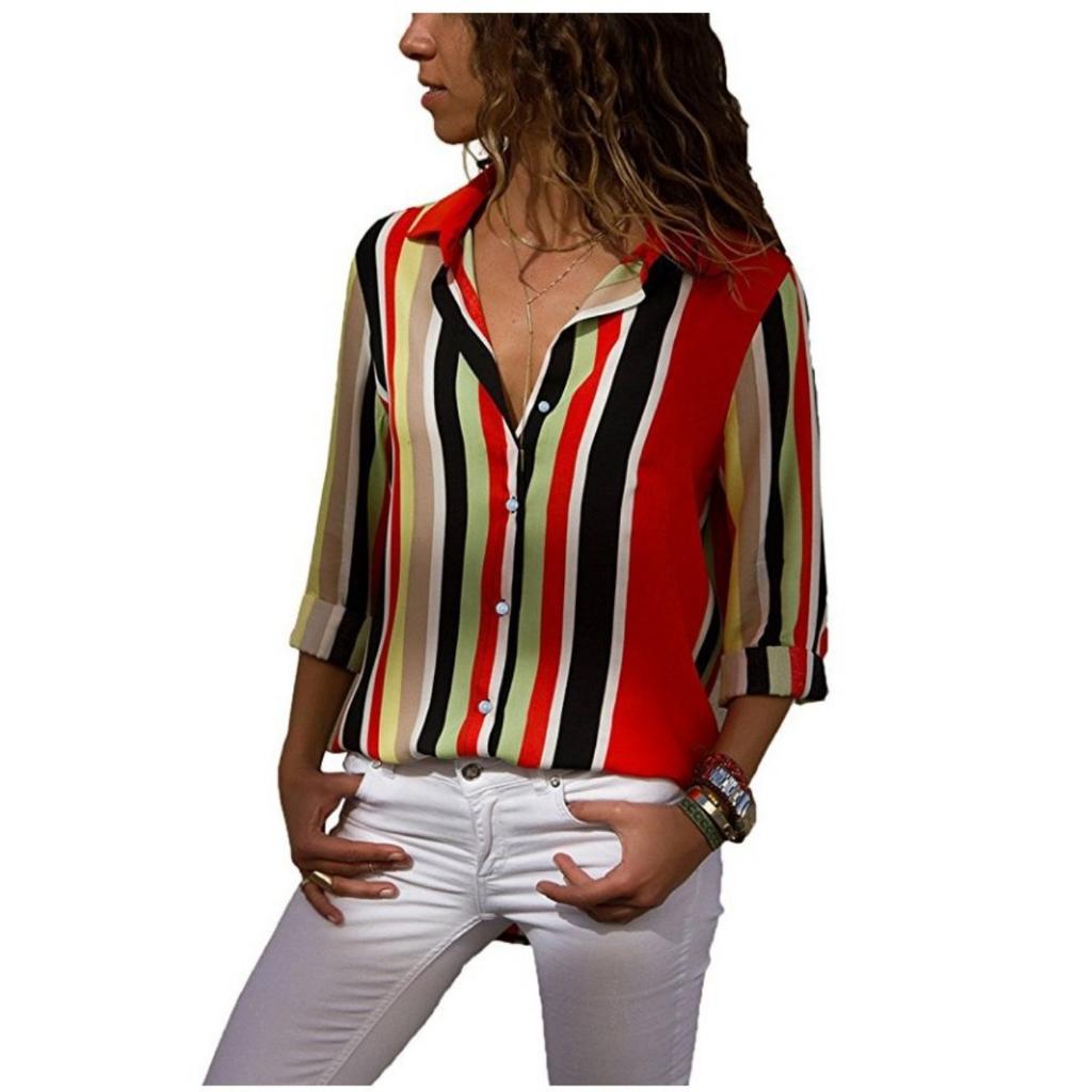 Women's Fashion V-neck Long Sleeve Printed Shirt Casual Elegant Blouse Top