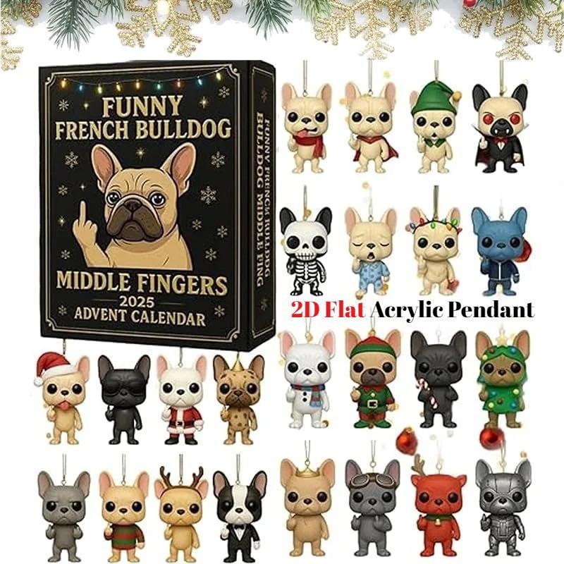 

Смешной адвент-календарь «Французский бульдог» 2025, 2D плоский акриловый адвент-календарь «Французский бульдог» со средним пальцем, 24 дня до Рождества, подарок разноцветный