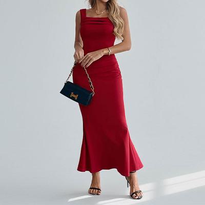 Spring and Summer Women's Clothing Solid Color Sleeveless Square Collar Fashionable and Sexy Temperament Dinner Slim Hip Wrap One-step Skirt