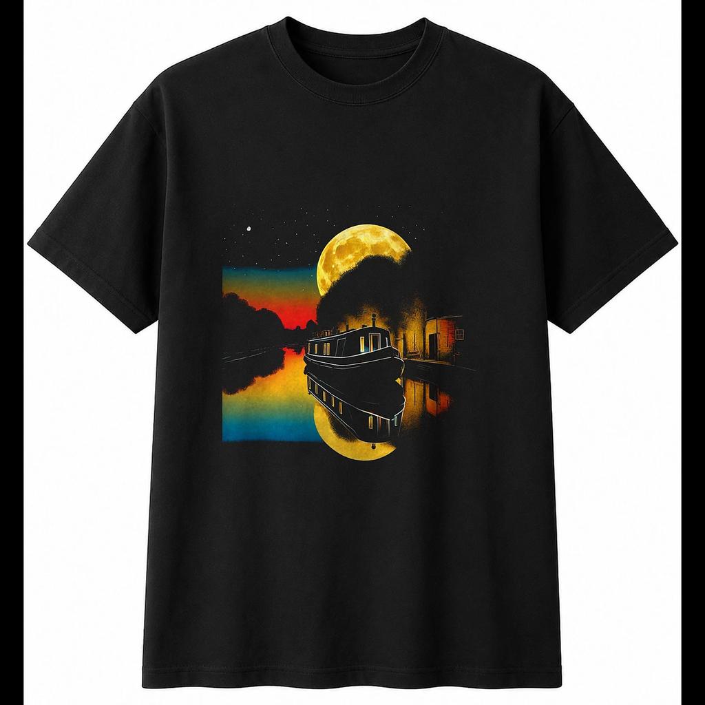 Narrowboat in Moonlight Retro Mens T-Shirt Black 100% Cotton Classic Printed