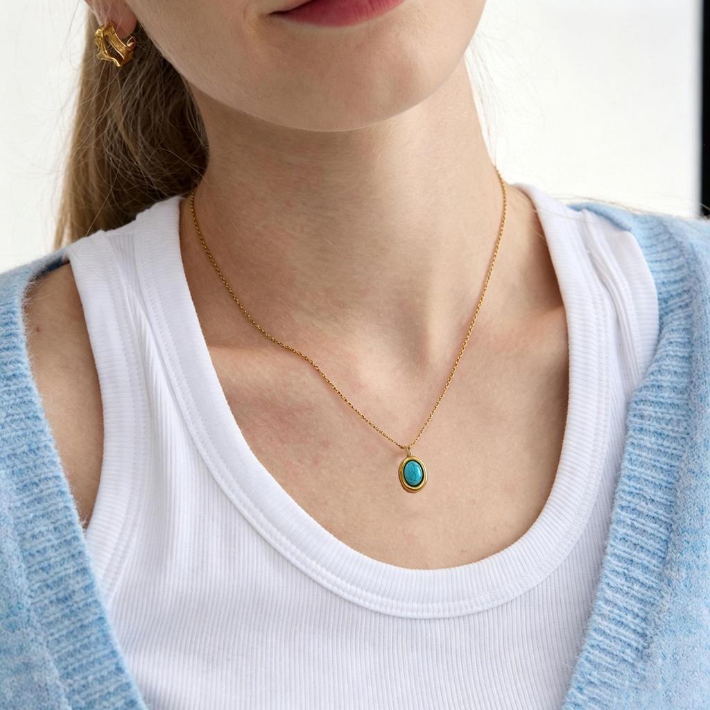 Retro Court Style Blue Turquoise Clavicle Necklace In Japanese Korean Ins Style