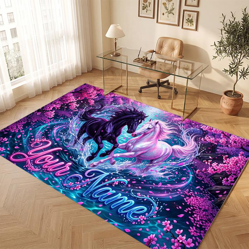 Horse Theme Soft Crystal Velvet Rug Custom Name & Text Print Non Slip Floor Rug for Bedroom Living Room