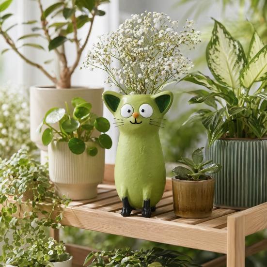 Lifelike Cat Figurine Quirky Vase, Cute Resin Flower Holder for Desk Shelf, Mini Planter Dried Flowers, Creative Home Decor Ornament,