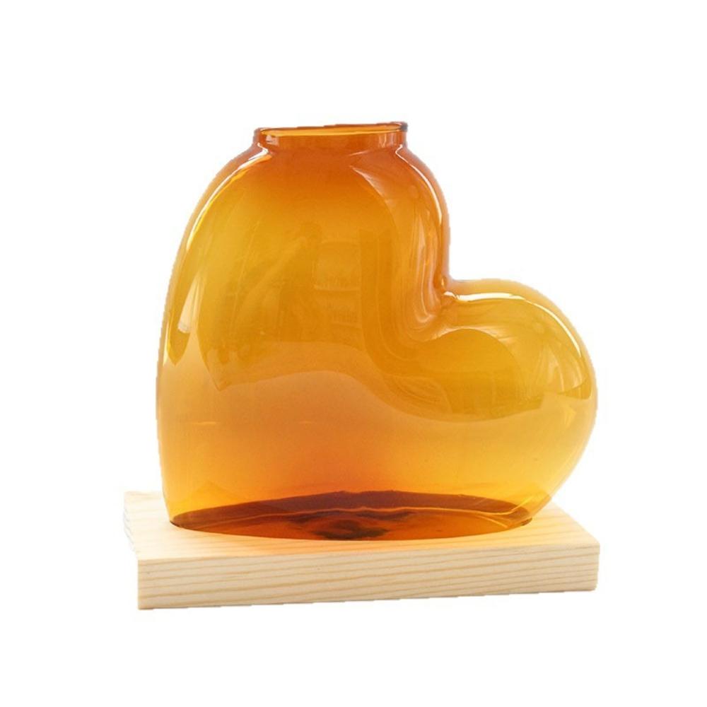 Colorful Love Shaped Glass Vase with Wooden Hydroponic Flower Plants Vase Desktop Ornament Living Room Office Decoration