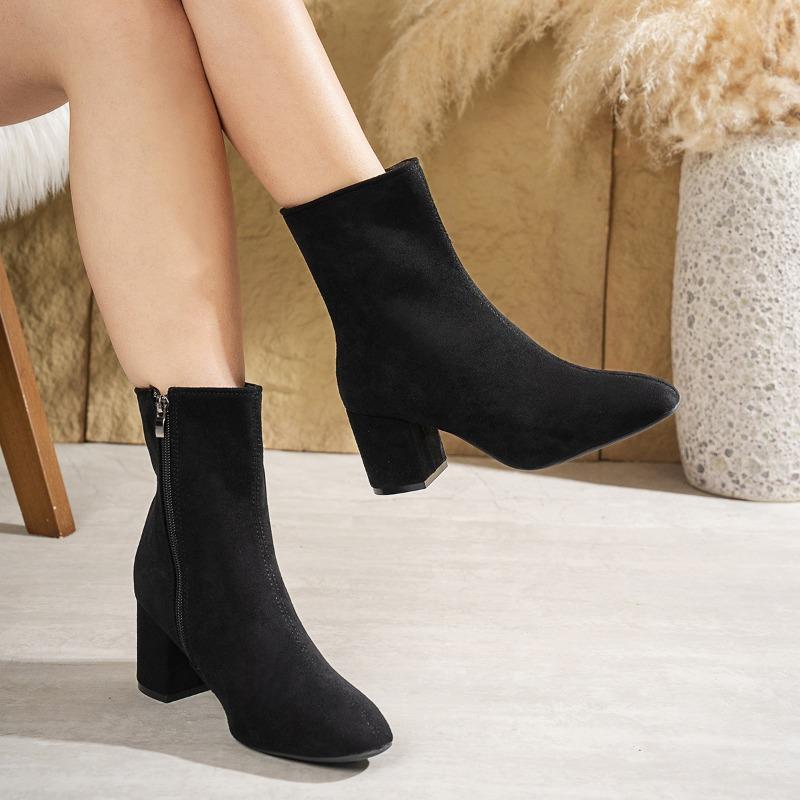 Women Plus Size Square Toe Block Heel Side Zipper Ankle High Heel Fashion Boots