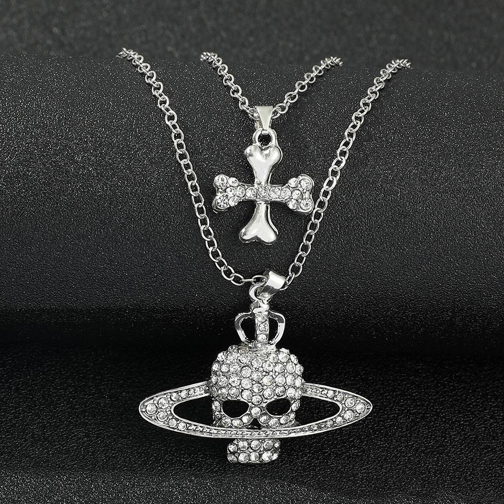 

Rhinestone Skull Pendant Necklaces for Women Men Long Cross Chain Necklace Vintage Punk Goth Jewelry BANHADO EM PRATA