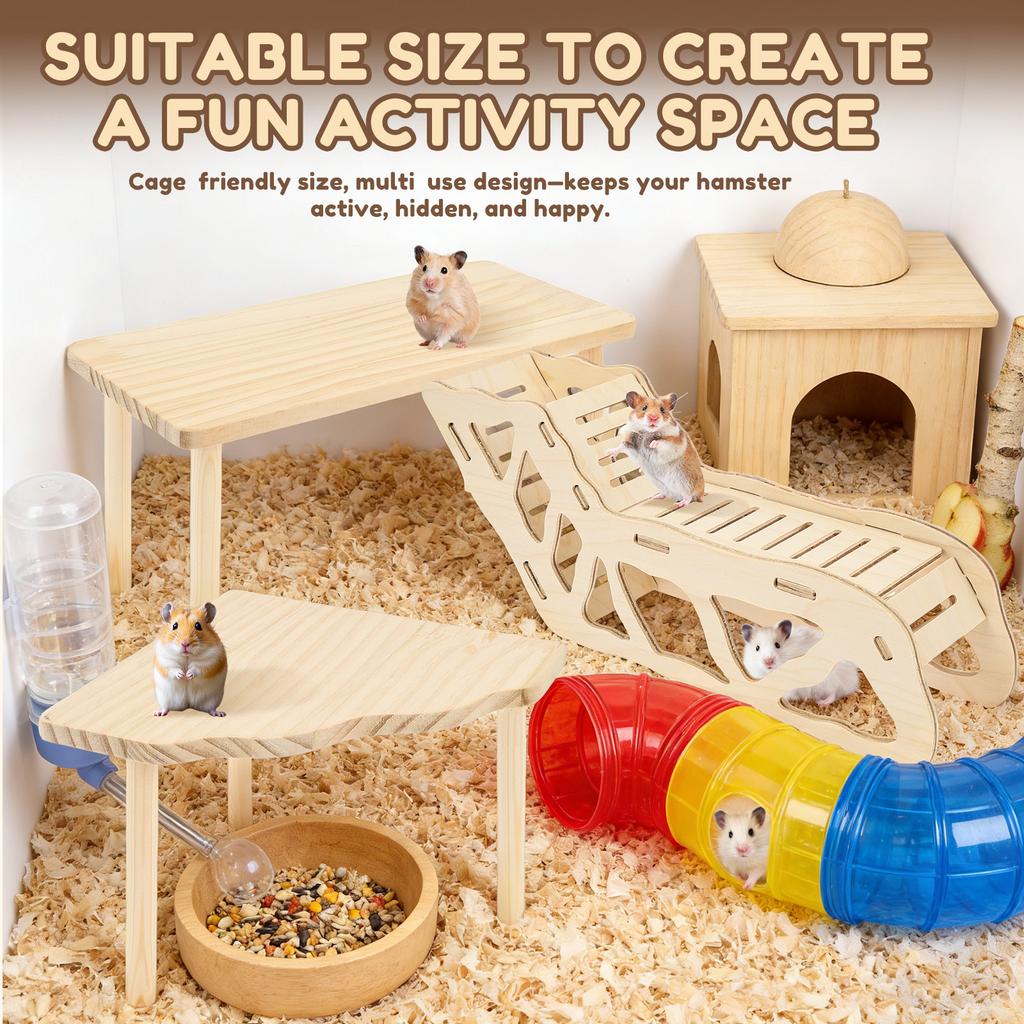 3Pcs Hamster Wooden Ladder Platform with Ramp Tunnel Shelter Hamster Climbing Toy Small Pets Stairs Toy Mice Cage Accessories
