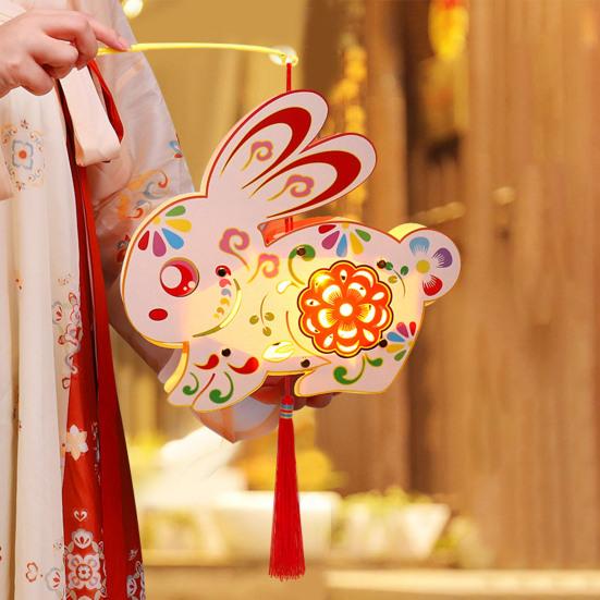 Chinese Style DIY Lantern Kit Handmade Red White Rabbit LED Light Lantern Festive Paper Lantern for Mid-autumn Festival