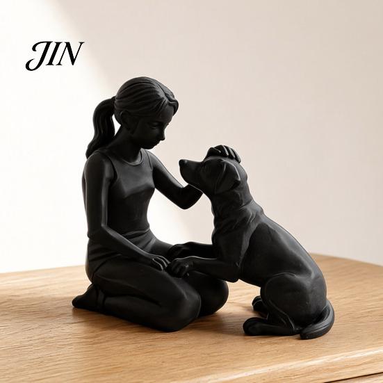 Jedinečná ručně vyráběná památka na mazlíčka 3D tištěná figurka dívky se psem, minimalistická dřepící socha pro domácí dekoraci, emoční dárek soustrasti, léčení