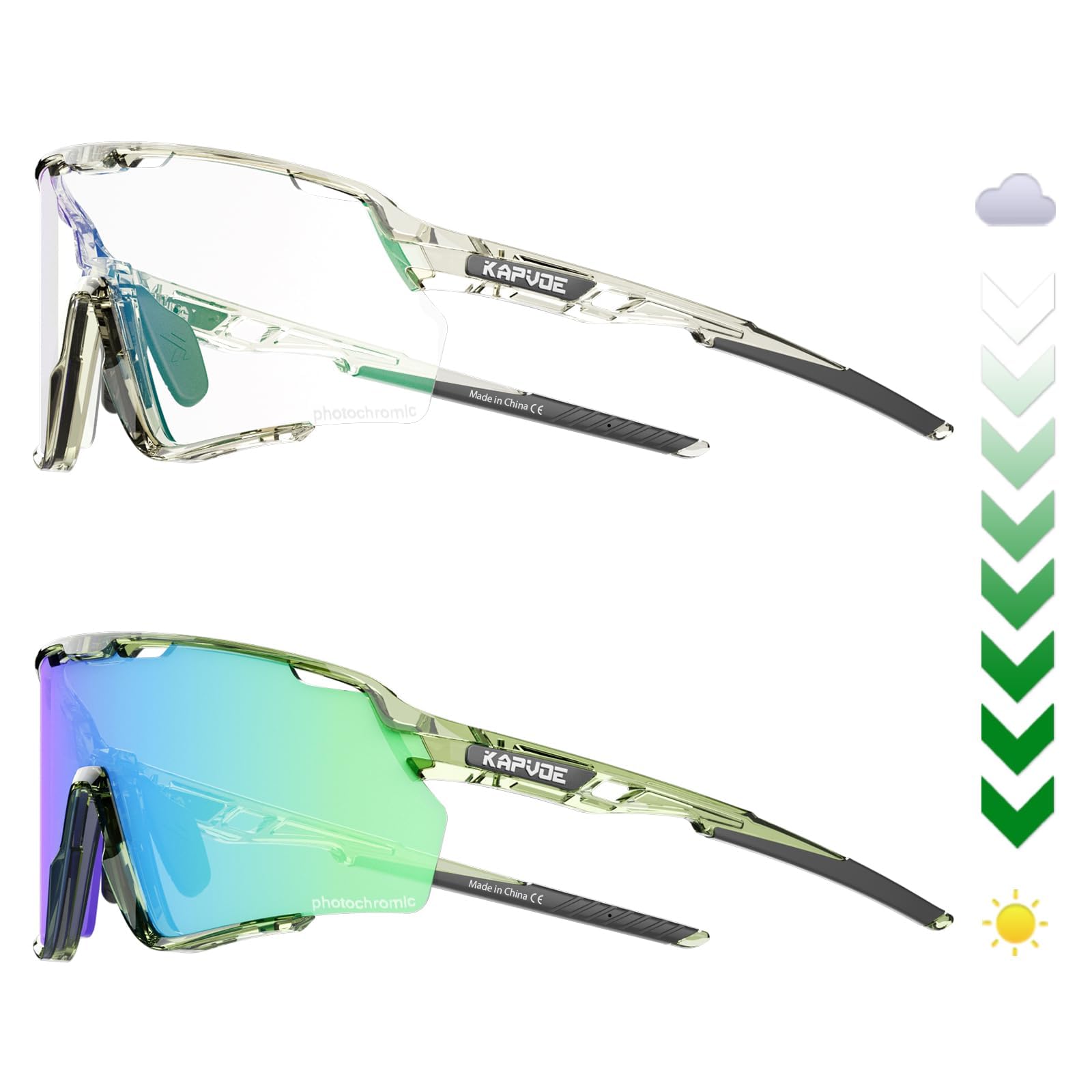 KAPVOE Road Bike Sunglasses for Men and Women: Photochromic Lenses, Suitable for Triathlon, Cycling, and Bicycles, Anti-Fog Coating, Lightweight TR90