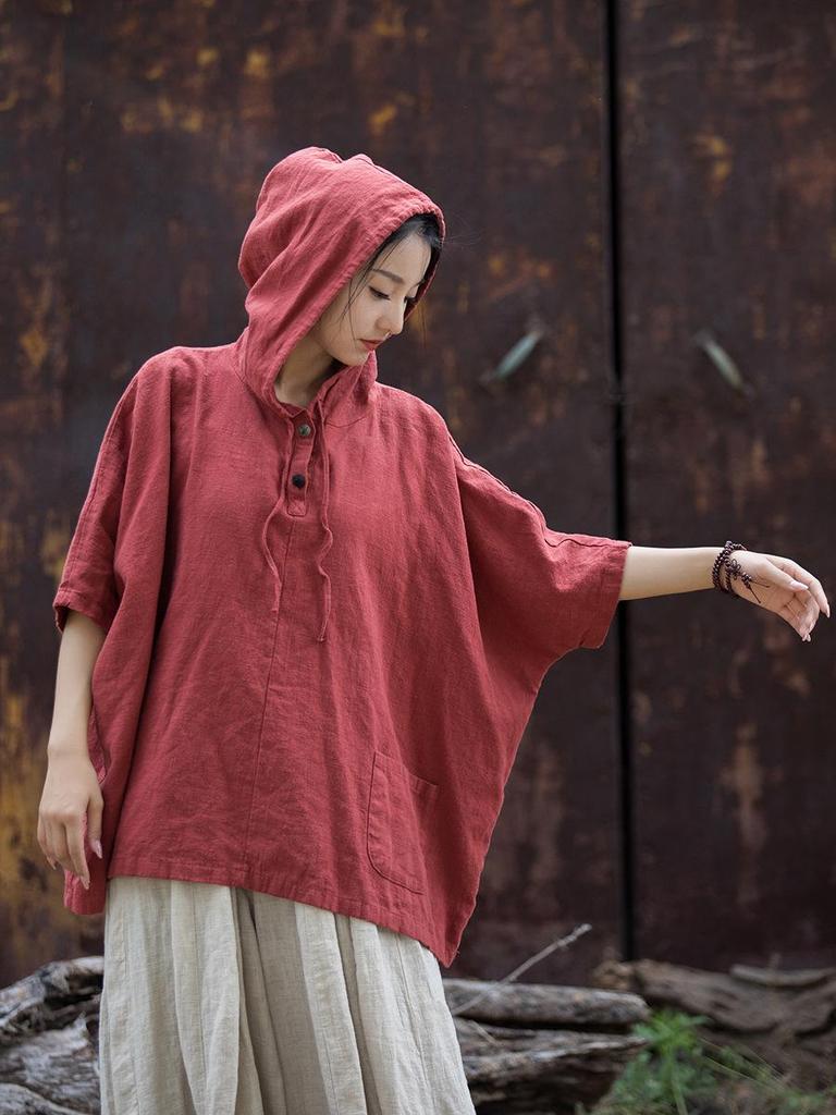 Women's Cotton Linen Hooded Frog Button T-shirt - Autumn/Winter Short Sleeve Sun Protection