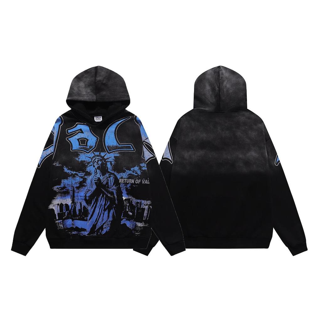 Unisex Retro Print Distressed Zipper Hoodie - Loose Fit, High Street American Style