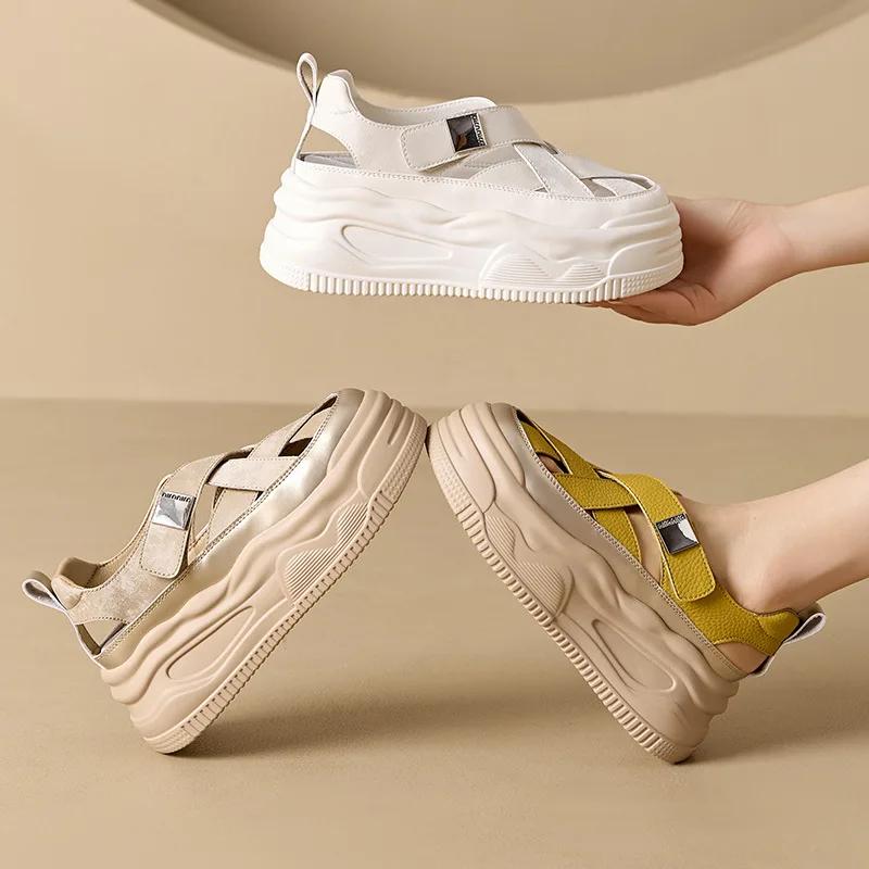 7cm Flat Women Slippers Pumps Platform Wedge Hook Cow Weave Genuine Synthetic Leather Sandals  Summer Hollow Fashion Shoe