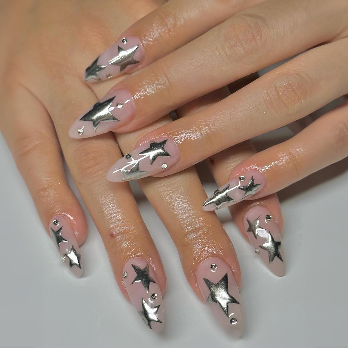 

Almond-Shaped Rhinestone Star Nail Art Stickers - Removable French Edge Design