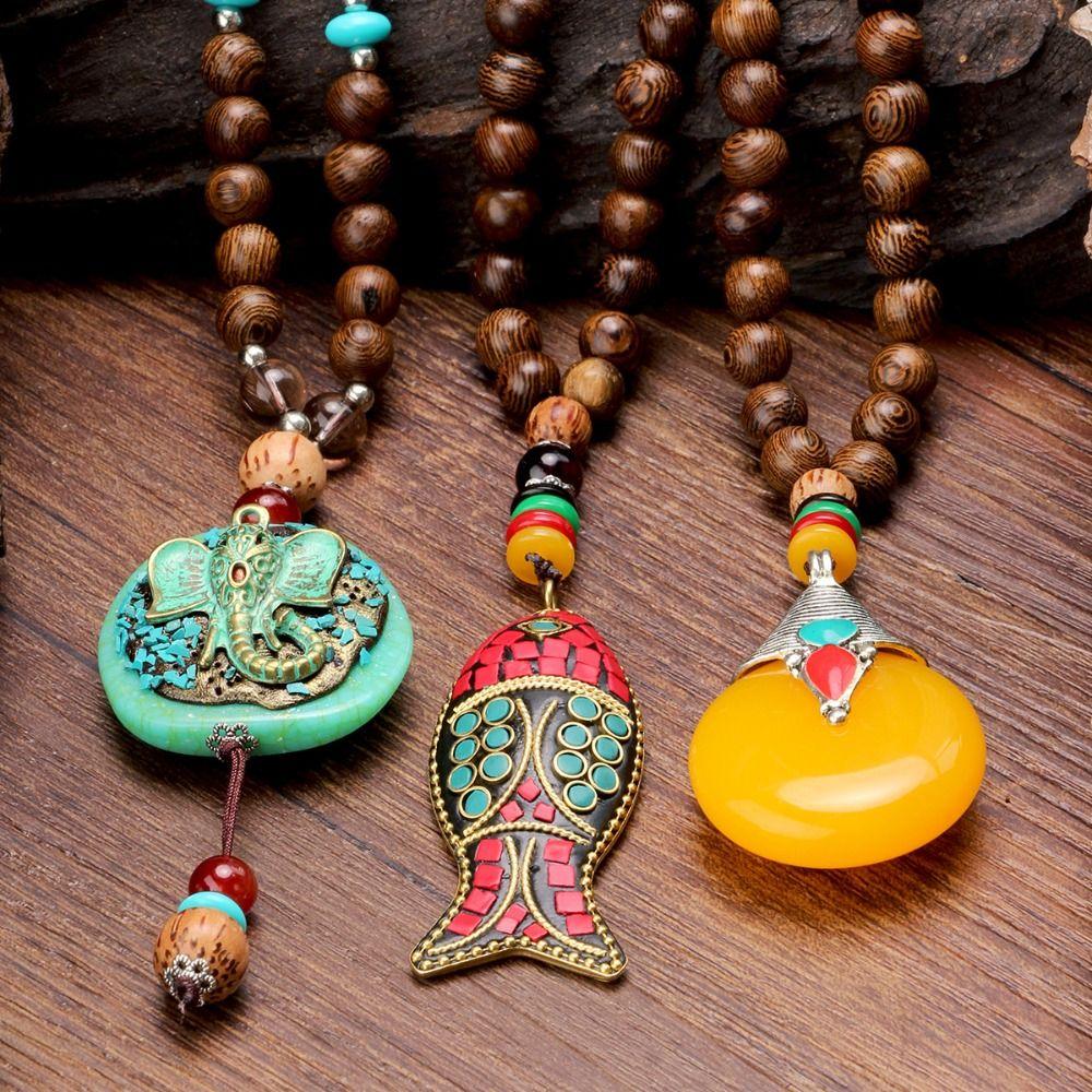 Wood Pendant Necklace Resin Long Beaded Necklace New Wooden Bead Necklace