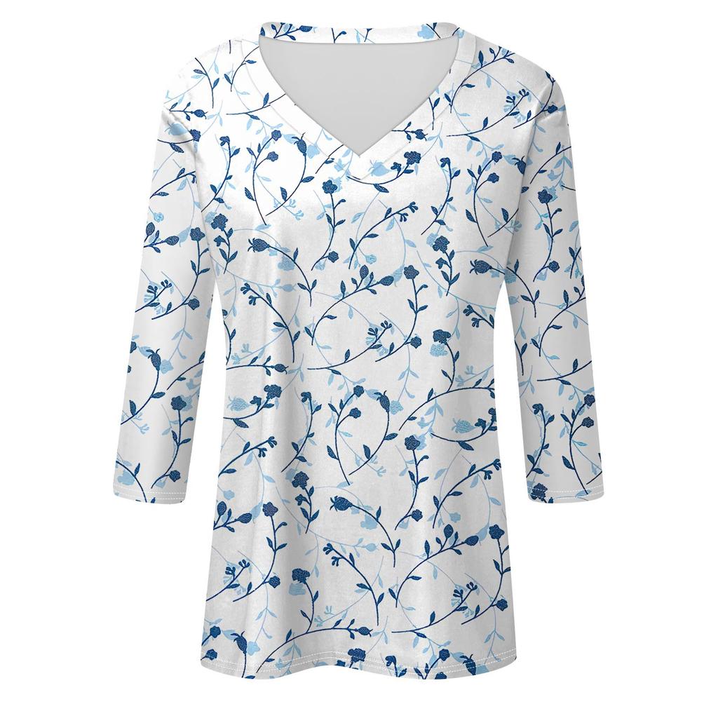 Damenmode Casual V-Ausschnitt 3/4 Ärmel Lose Bedrucktes T-Shirt Damen Top