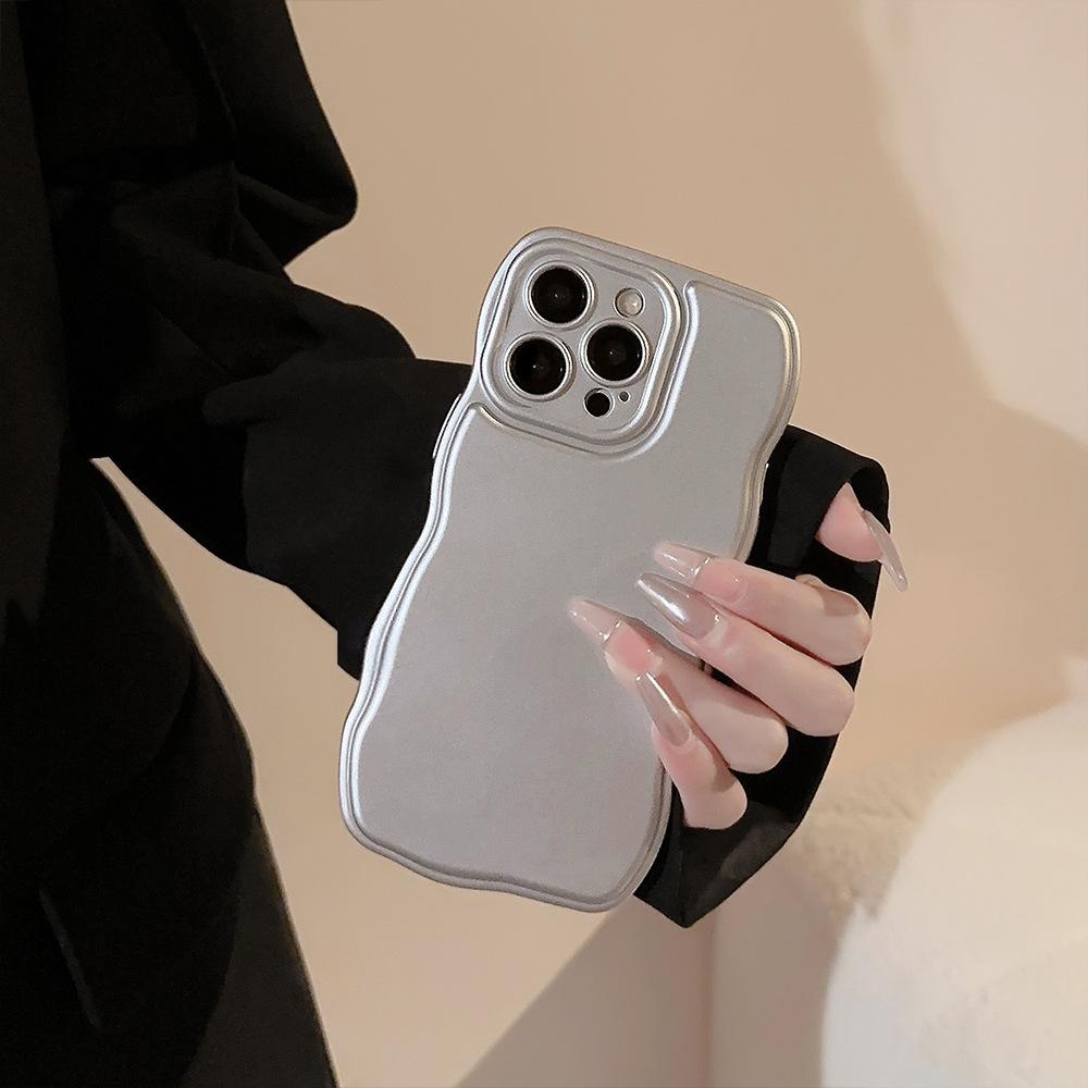 Electroplated Silver Apple 17 Phone Case, High-end Feel for iPhone 14, Suitable for 16, 15 Pro Max, Wavy Edge, Solid Color for 12