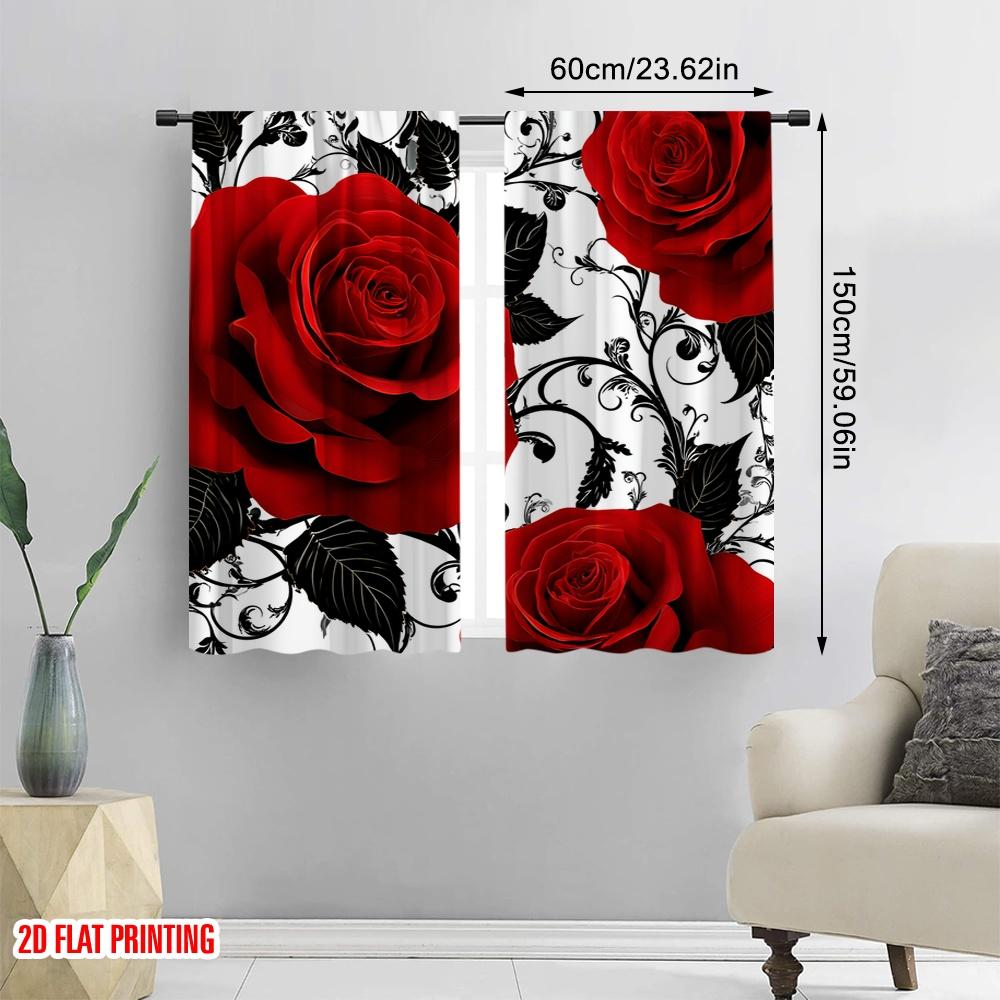 Set Of 2 Flat Printing Curtains Red Roses Black Swirls Floral Digital Printed Polyester Drapes Seasonal Party Holiday Decor Curtain