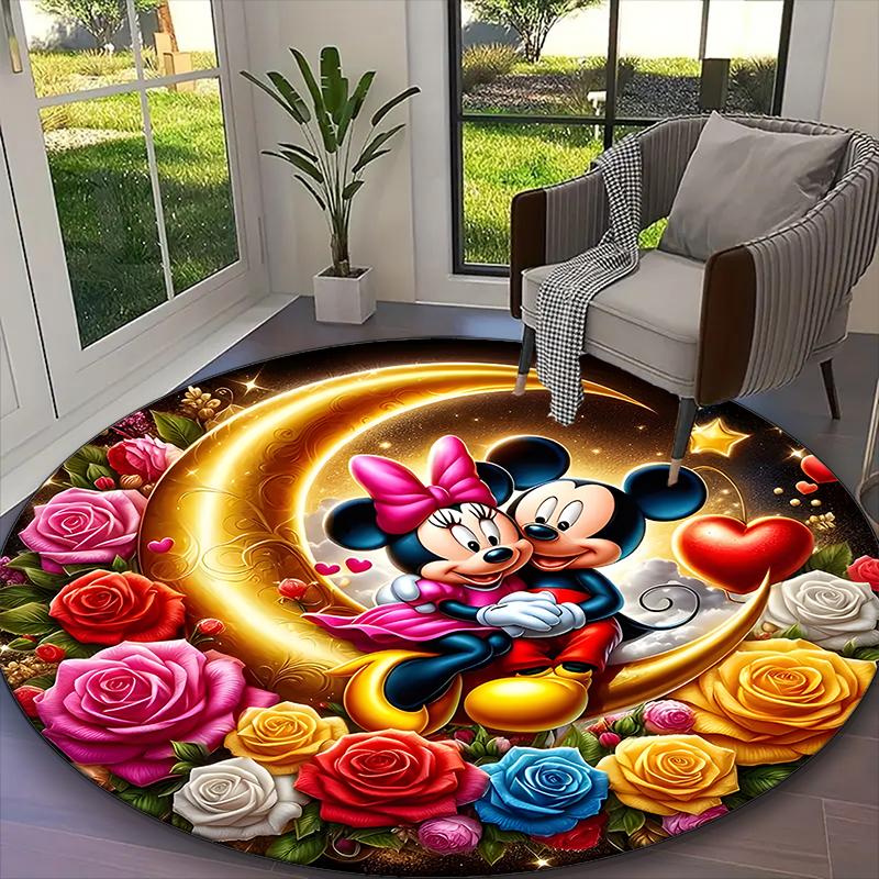 Mickey And Minnie Moon Pastel Floral Rug Ideal for Reading Room, Multi-purpose Office Chair Sofa Carpet, Anti-slip Printed Home Round Rug