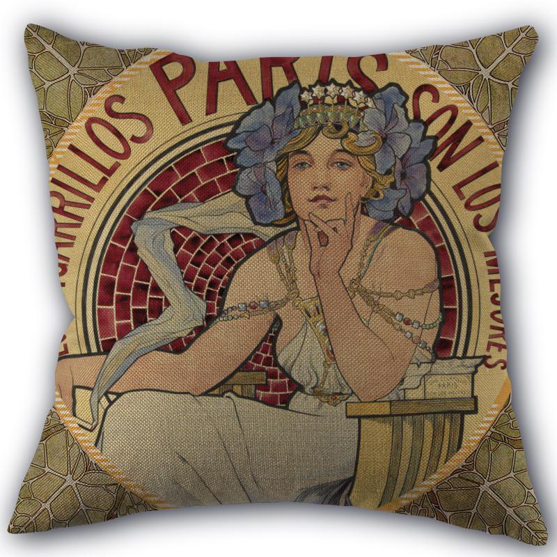 Custom Alphonse Mucha Art Pillowcase Cotton Linen Fabric Square Zipper Pillowcase 45X45 Wedding Decorative Pillow Cover