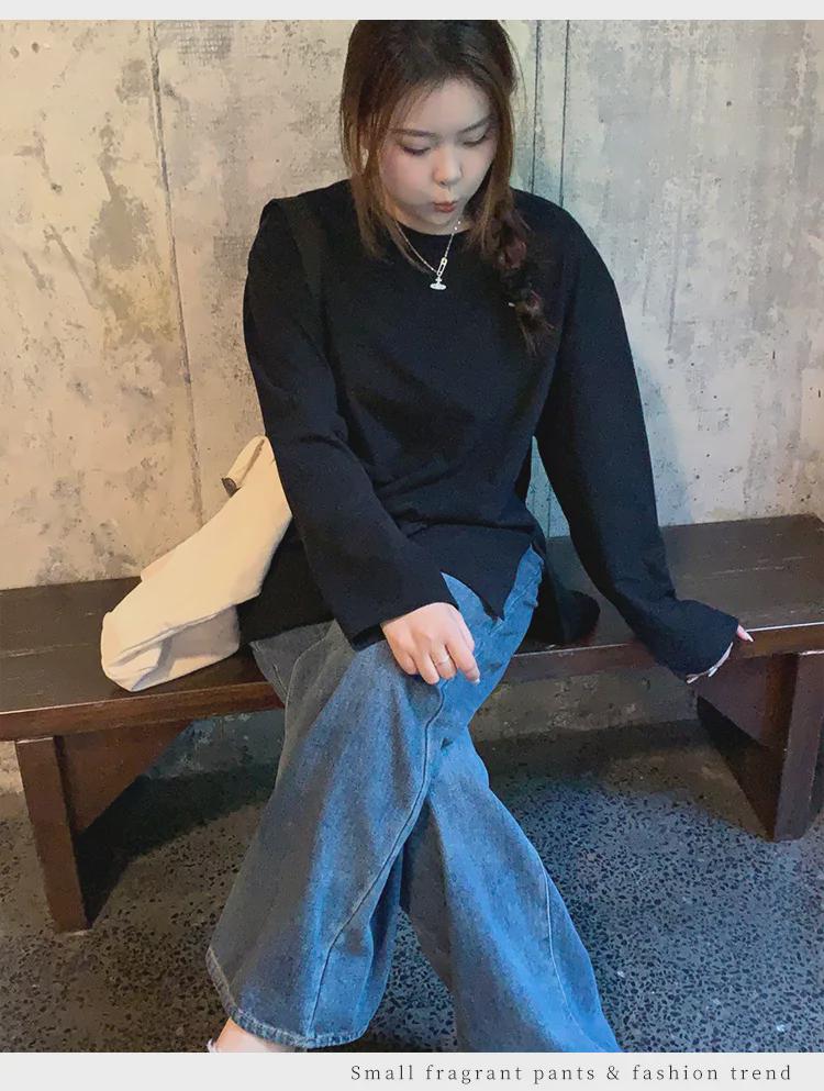 Women's Oversized White Long-Sleeve Cotton Split-Hem T-Shirt - Autumn Loose Fit