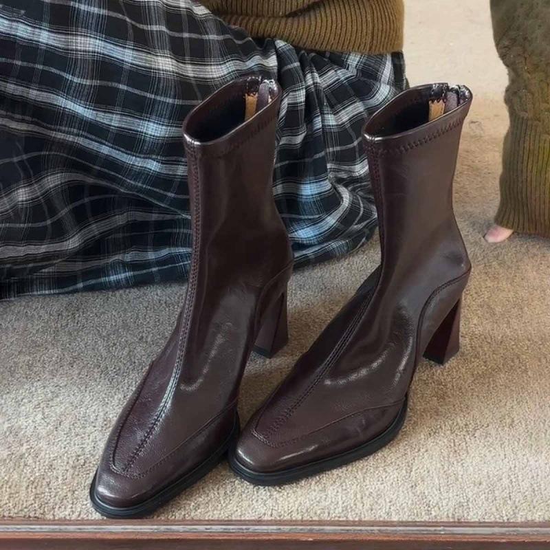 Soft leather version~ French square head temperament high heel thin boots women's British style leather retro rear zipper elastic short boots