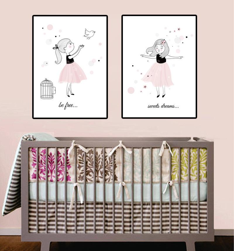 Nordic Cartoon Pink Bird for Girls Kids Canvas Painting Kindergarten Oil Painting Wall Pictures for Living Room Home Decoration