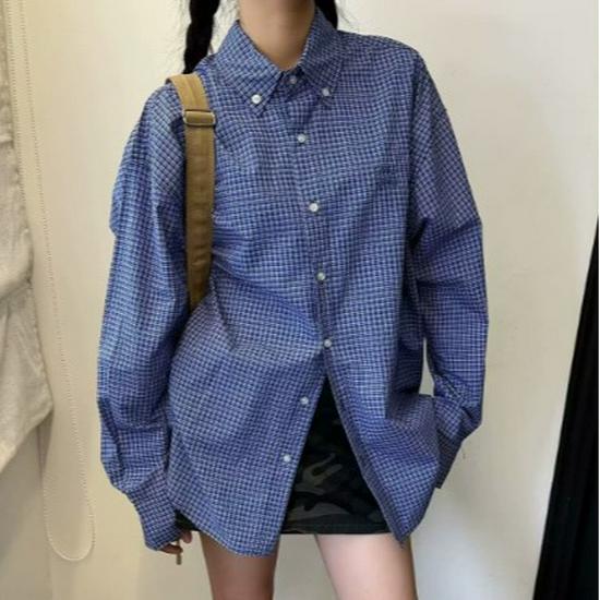 

Универсальная повседневная мужская рубашка с длинным рукавом в синюю клетку в стиле ретро 2025 XXXL синий