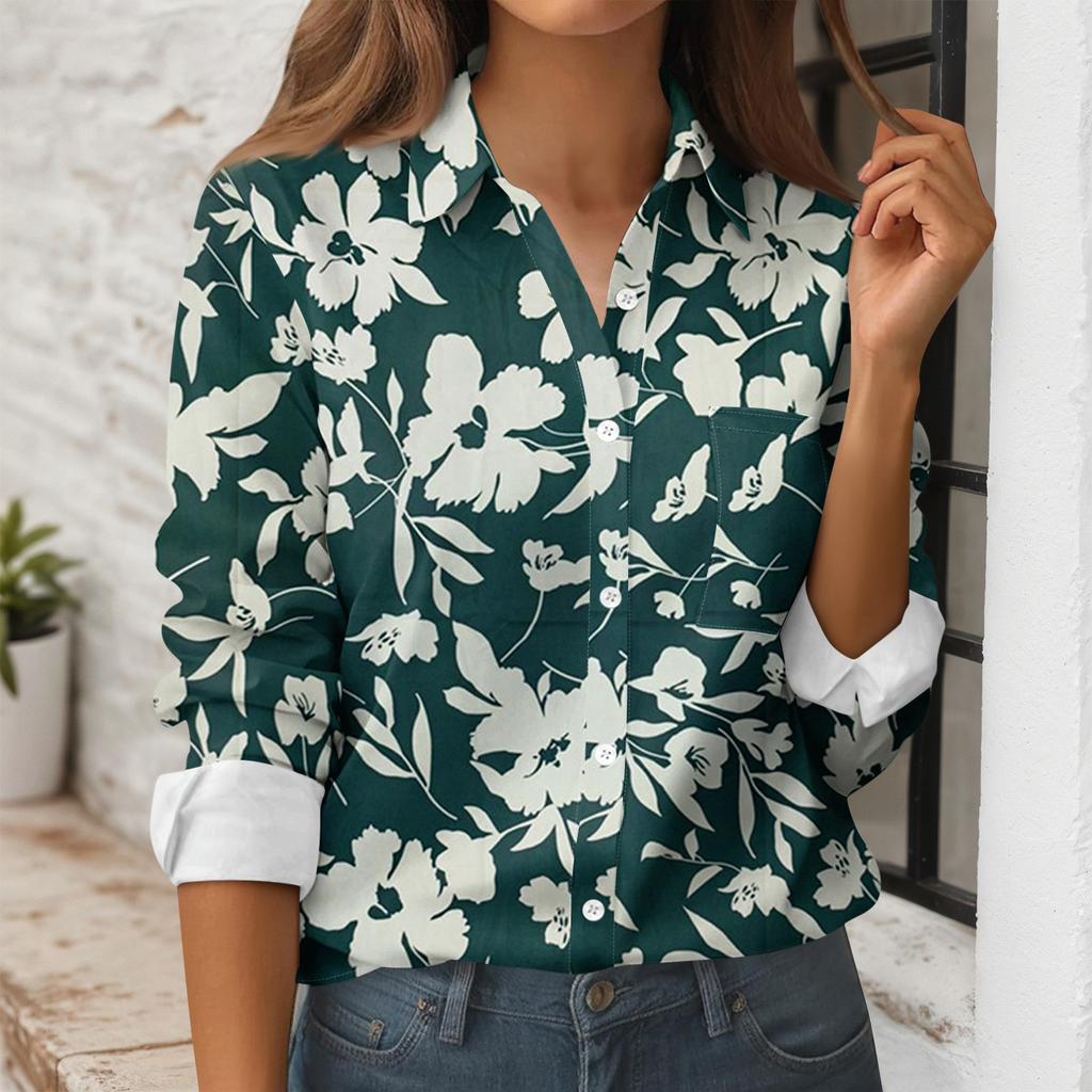 Women's Button Down Prints Shirt Long Sleeve Shirt Business Work Tops Casual With Pockets Jacket
