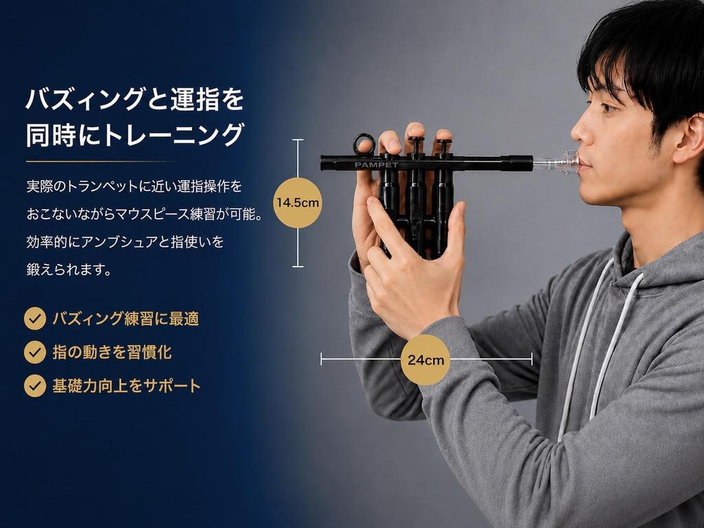 PAMPET TruTra Trumpet Trainer Practice Aid for Simultaneous Practice of Fingering and Buzzing, Made of ABS Resin, Includes 7C Mouthpiece, Black
