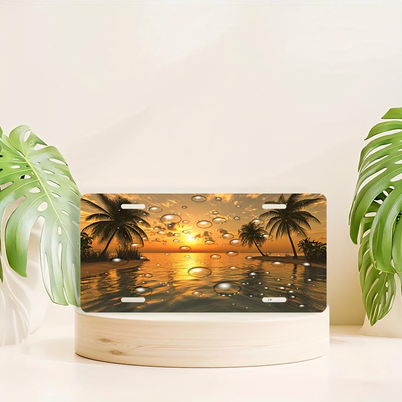 Pc D Flat Poster Beach Sunset License Plate Tropical Palm Tree and Ocea Suitable for Cars Trucks SUVs Coastal Decor Gift