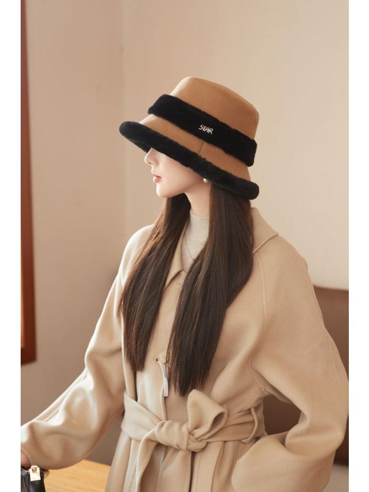 Autumn and Winter Thickened Plush Splicing Bucket Hat Women's Ear Protector Hat Basin Hat for Casual & Formal Outfits, Cold Weather Gear