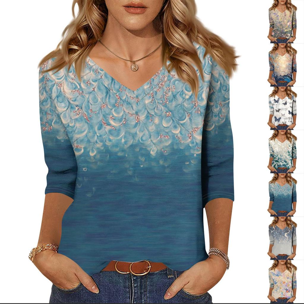 Women's Tops Three-quarter Sleeve Shirt V-neck Loose Casual Shirt Print T-shirt