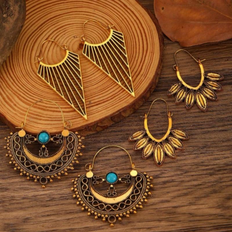 Vintage Boho Hollow Floral Hoop Earrings for Women Geometric Retro Earring Party Jewelry Gifts