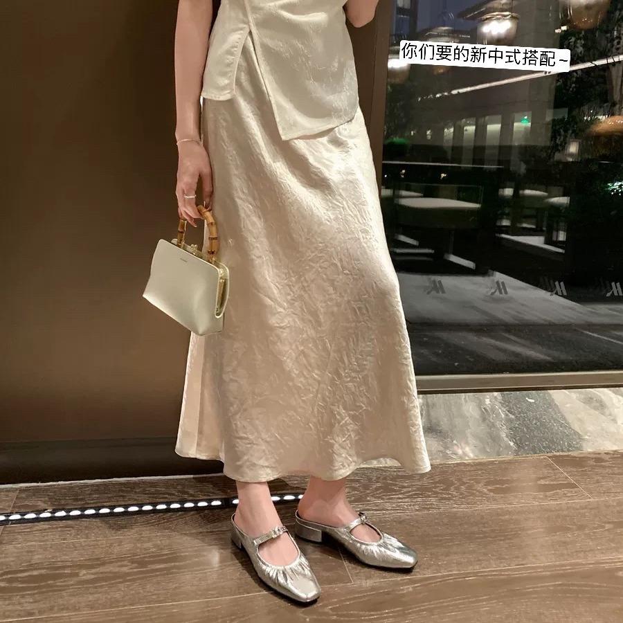 Summer New Square Head with Pleated Bag Head Thick Heel Slippers Women's Half Drag Outer Wear