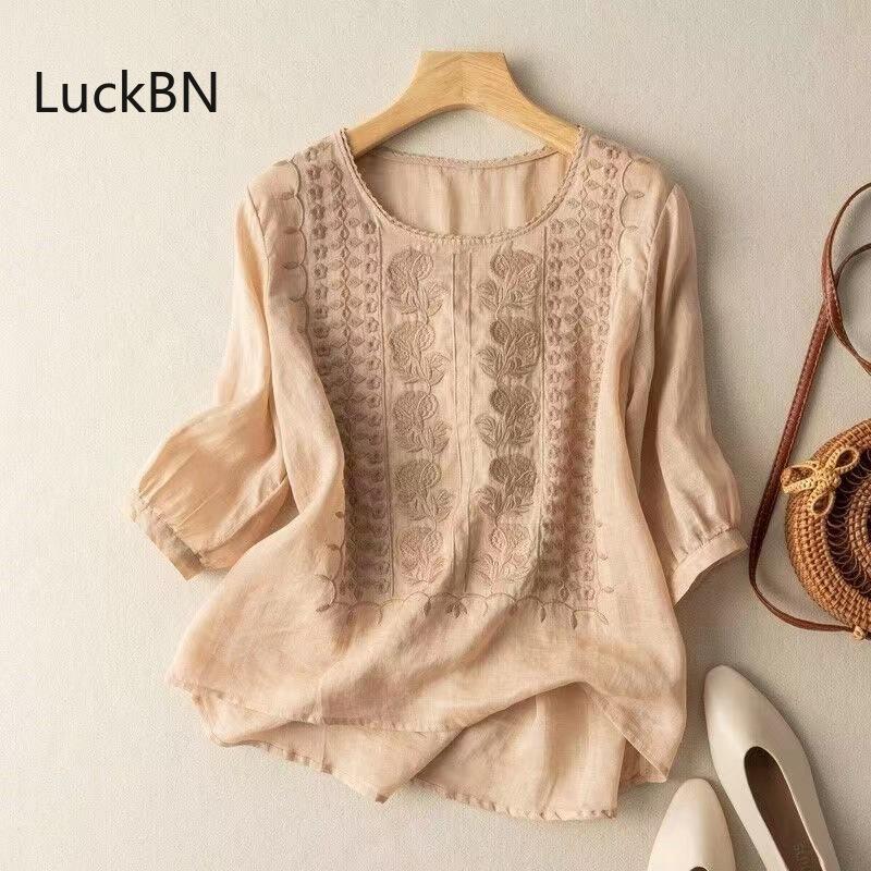 

Топ со средним рукавом для женщин, вышитая свободная художественная ретро-футболка из хлопка и льна, летняя тонкая блузка M хаки