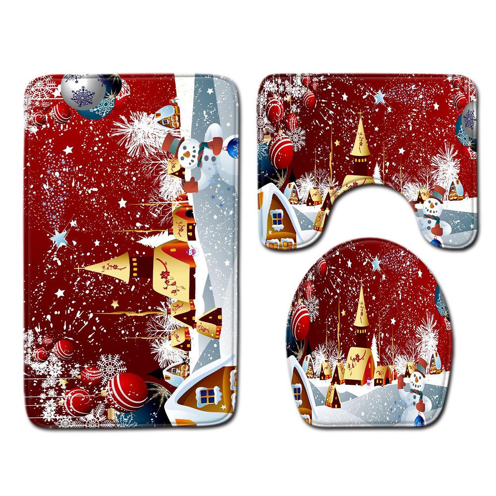 Christmas Bathroom Non-Slip Door Mat, Shower Curtain Floor Mat Combination Four-Piece Toilet Absorbent Carpet