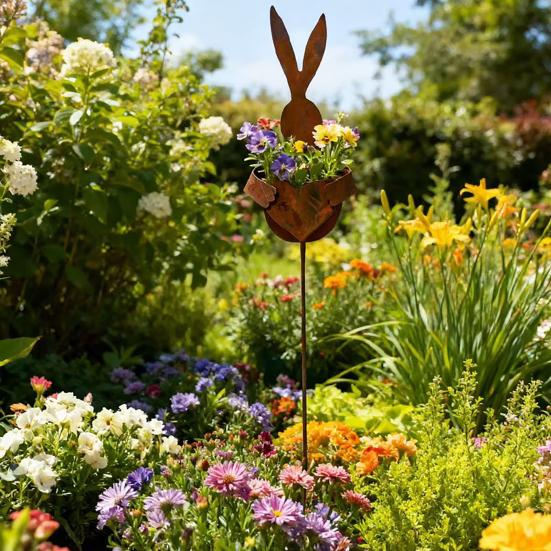 1/2Pcs Easter Bunny Planter Decoration Outdoor Patio Pathway Rusty Yard Lawn Garden Stake Metal Rabbit Flowerpot
