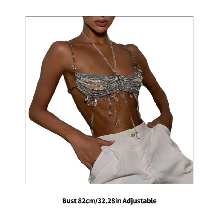 Crystal Beaded Tassels Layered Necklace Halter Neck Chest Chain Shimmering Body Jewelry Camisole Bralette For Women