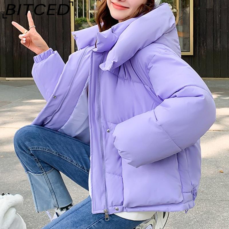 BITCED Women's Loose-Fit Puffer Jacket with Hood - Short-Length Thickened Winter Coat
