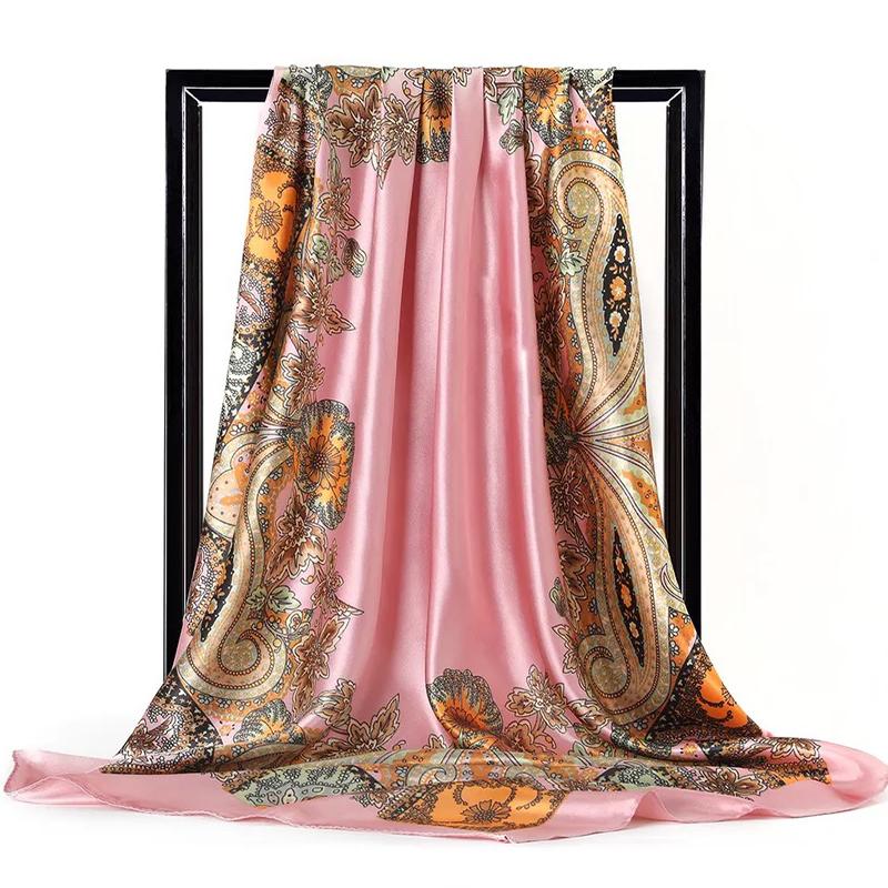 Fashion Scarves For Women Print Silk Satin Head Scarf Female 90cmx90cm Luxury Brand Square Shawl Large Hijab Scarfs For Ladies